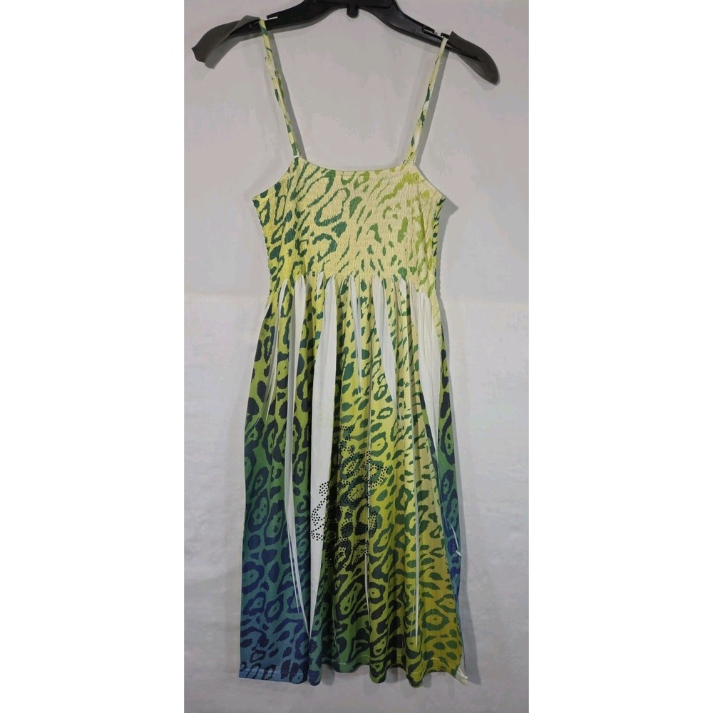 Ocean Blue Leopard Print Sundress Womens XL‎ Green Blue Smocked Rhinestone Midi